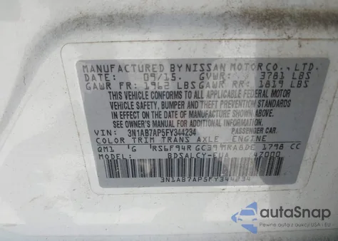 2015 Nissan Sentra S from USA, damaged, VIN 3N1AB7AP5FY344234